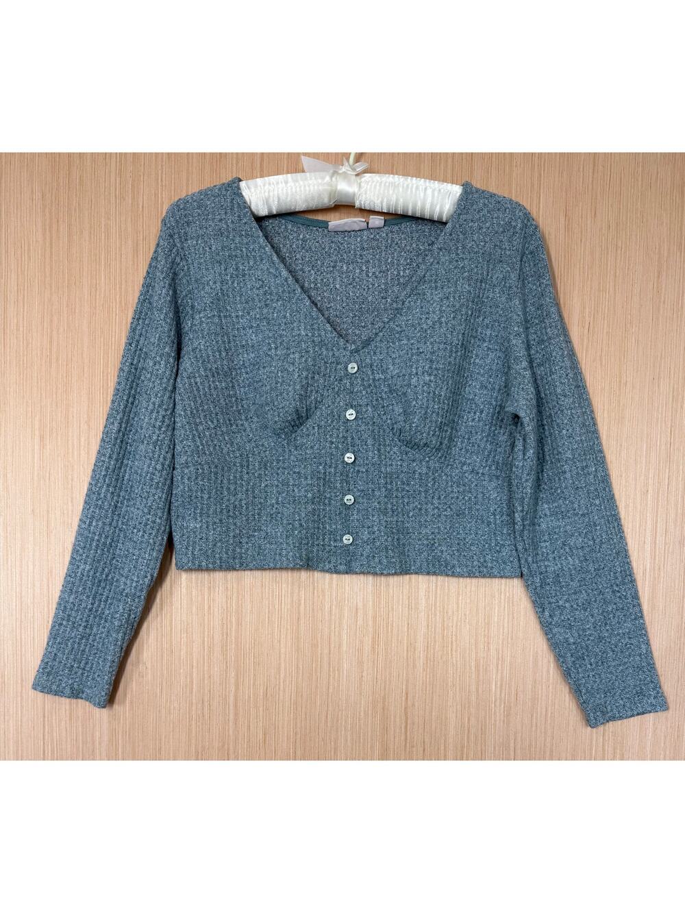 SO Cropped Ribbed Waffle Knit Babydoll Top Size XL Teal Green Buttons Y2K Style